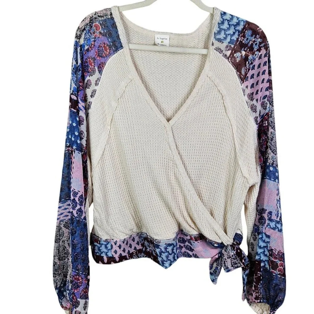 By‎ Together Wrap Look Waffle Knit Pullover Blouse Contrast Sleeves Size Large - Picture 12 of 12